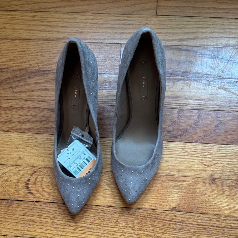 Zara Taupe Pointed Toe Studded Suede heel shoes